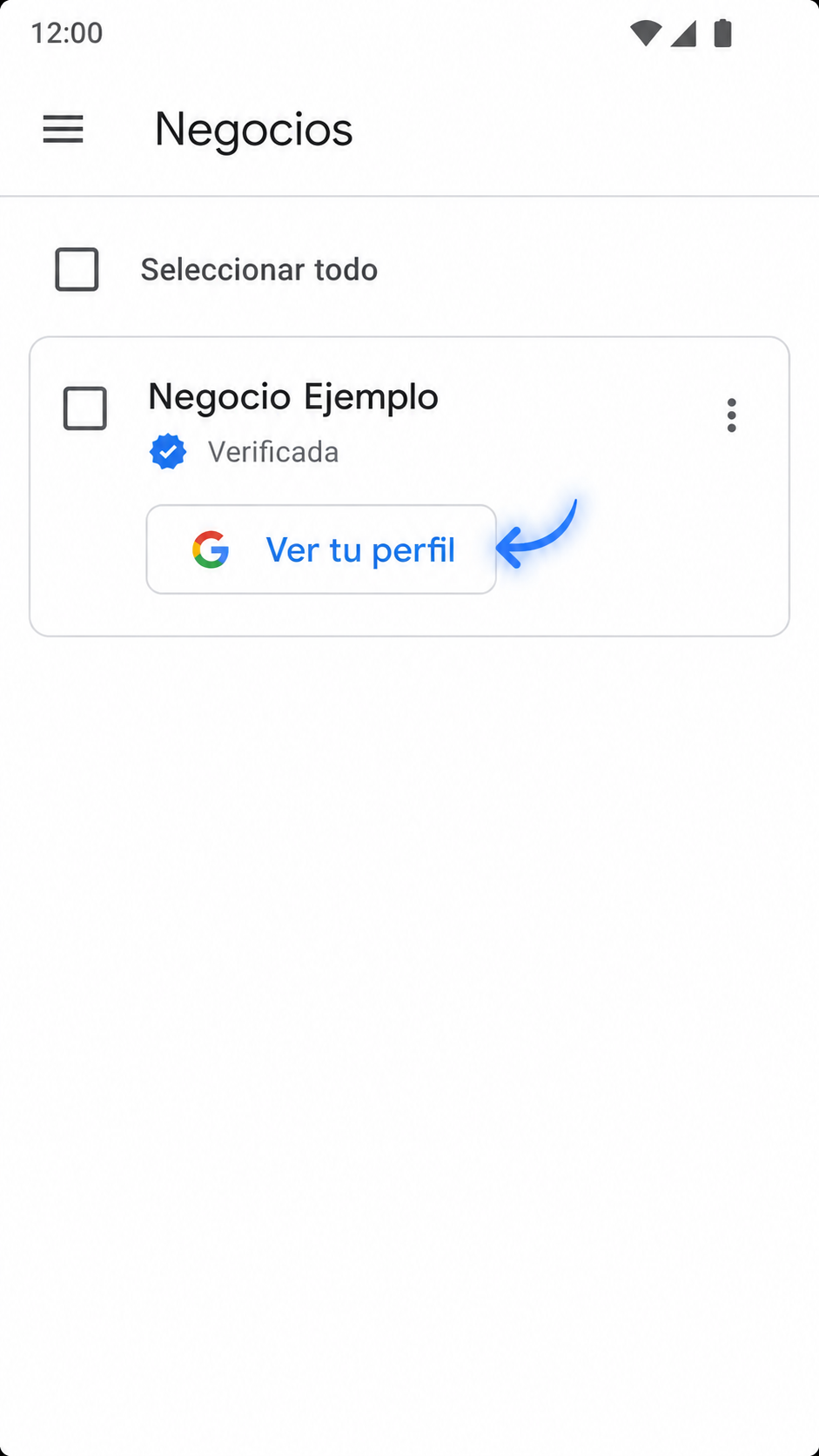 Lista de negocios de Google con el botón Ver tu perfil señalado