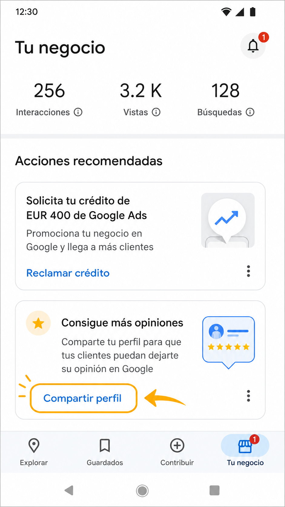 Panel del negocio con el botón Compartir perfil señalado
