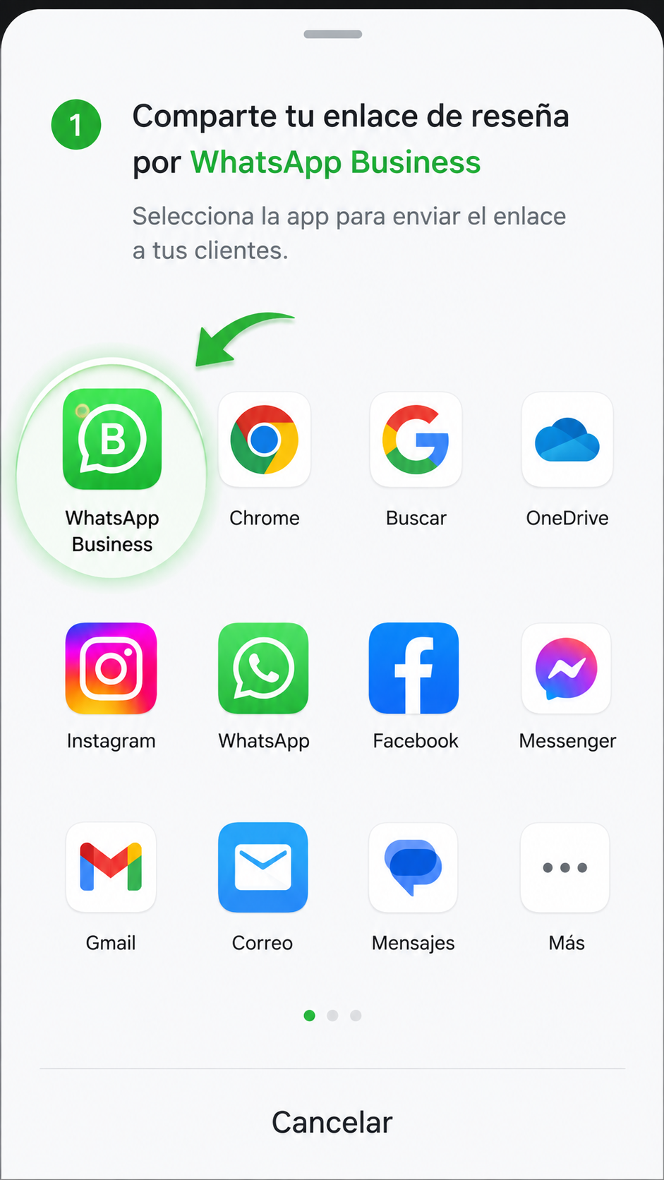 Menú para compartir con WhatsApp Business señalado