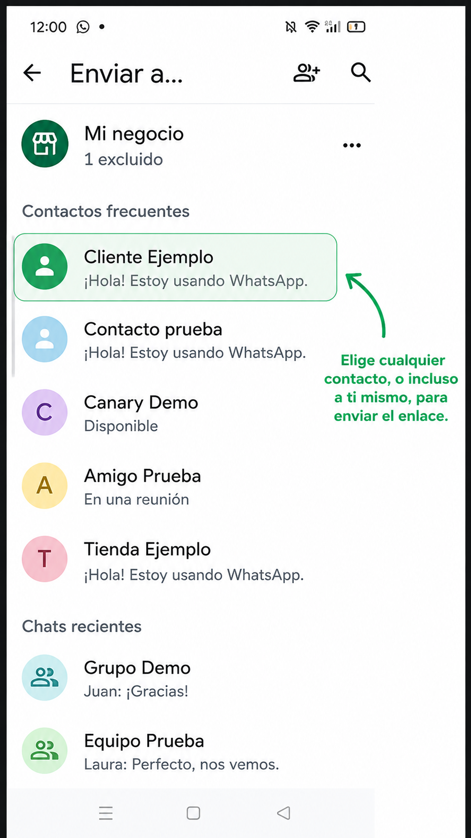 Pantalla de WhatsApp para elegir un contacto de ejemplo