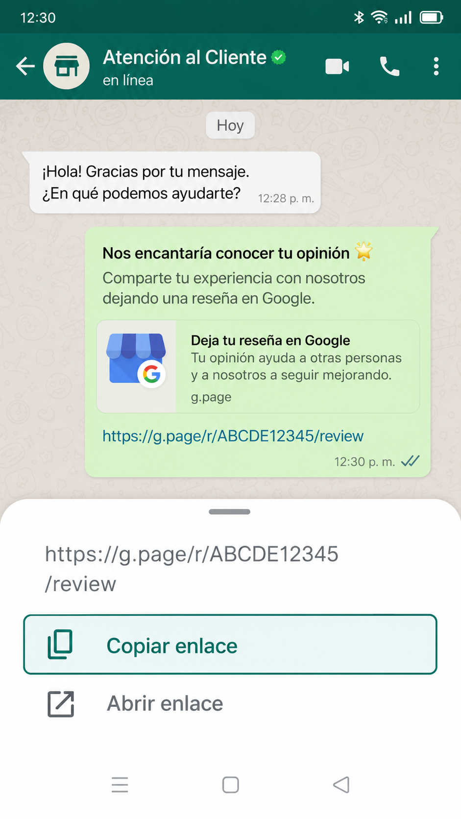 Mensaje de WhatsApp con la opción Copiar enlace señalada
