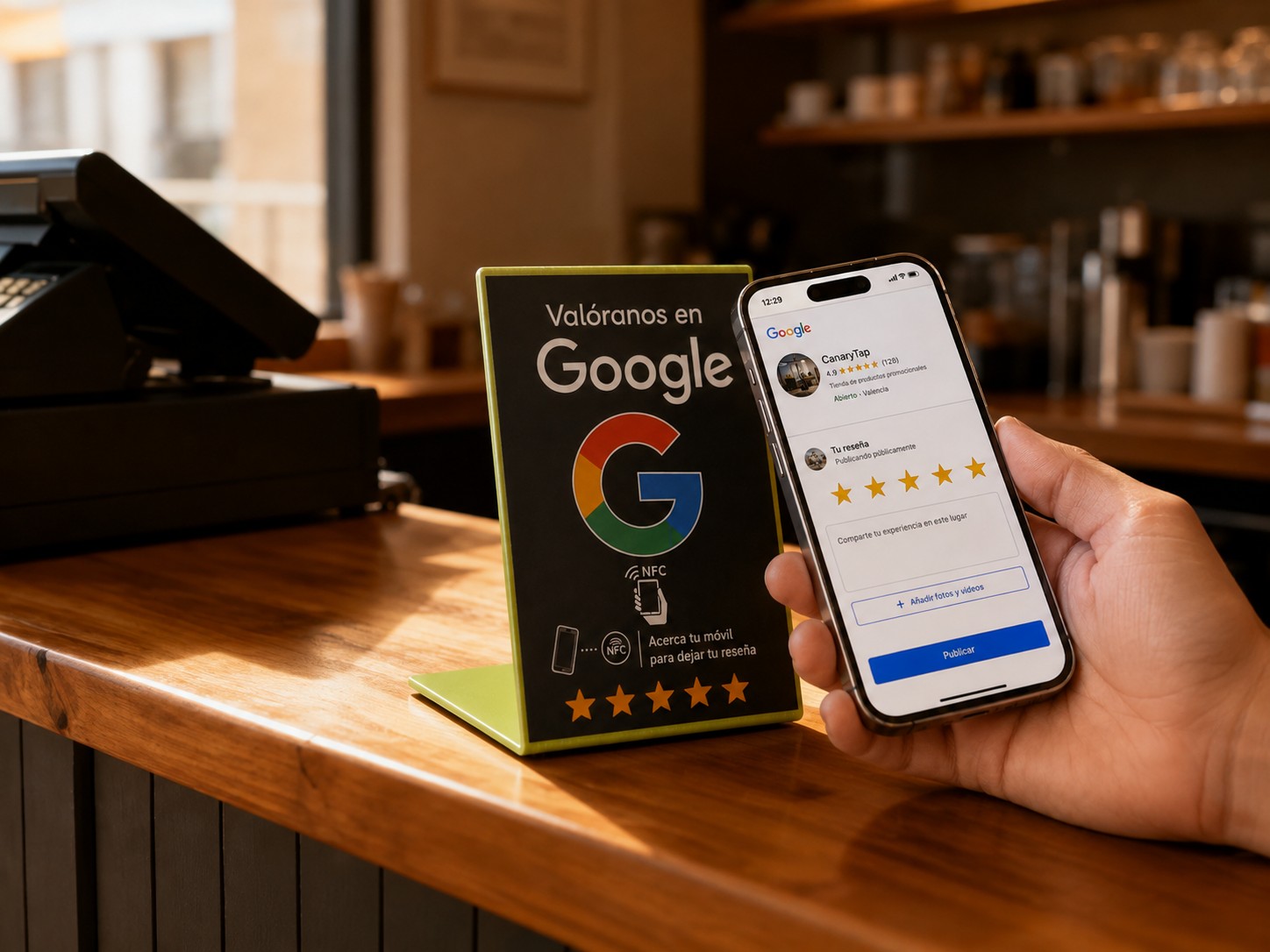 Soporte CanaryTap para reseñas de Google en el mostrador de un negocio junto a un teléfono móvil